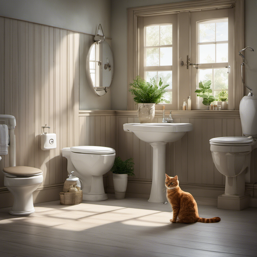 An image depicting a serene bathroom scene with a patient cat observing a step-by-step process: litter box next to toilet, gradually replaced with training seat, until the cat confidently uses the toilet independently