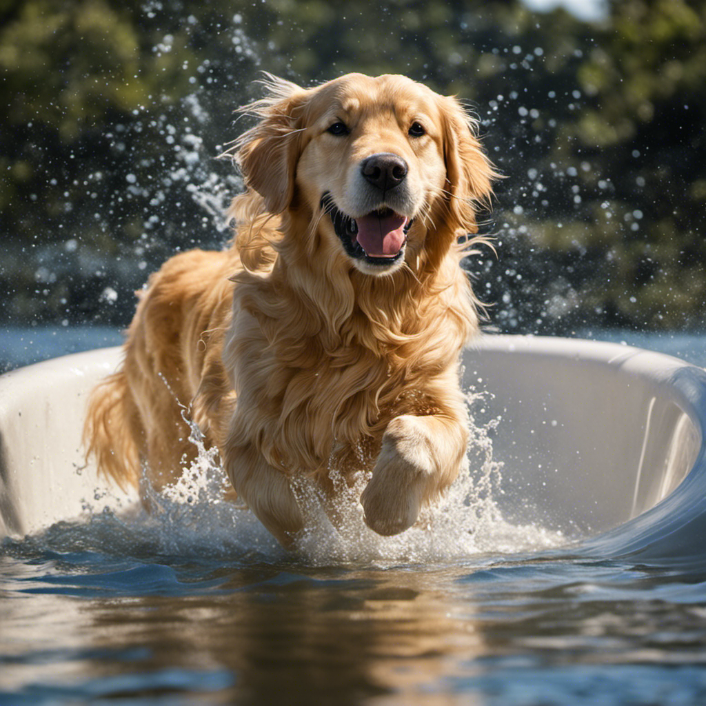 Capture an image of a joyful golden retriever splashing in a filled bathtub, with its owner gently guiding it to paddle its paws in the water, showcasing their bond and the dog's progression in learning to swim