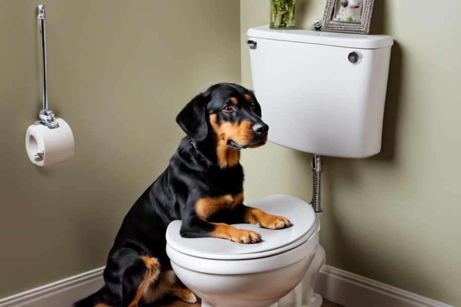 An image showcasing a cheerful dog sitting on a toilet seat, with a patient owner beside them, gently guiding their paw to press a flush button