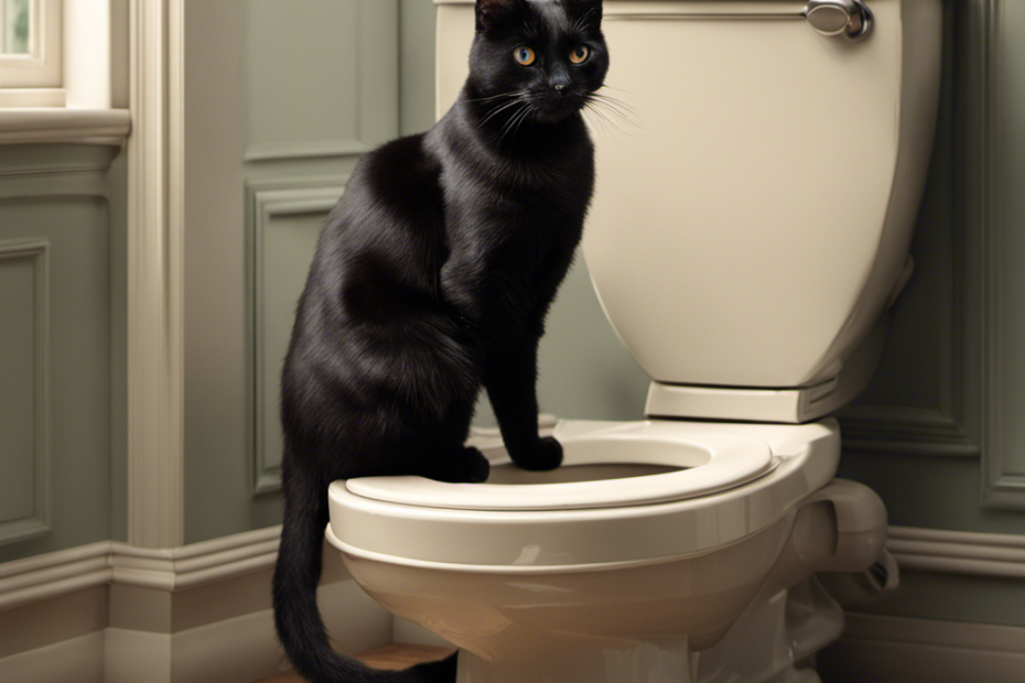 An image showing a domestic scene with a cat sitting on a toilet seat, a step-by-step visual guide illustrating the process of teaching a cat to use the toilet