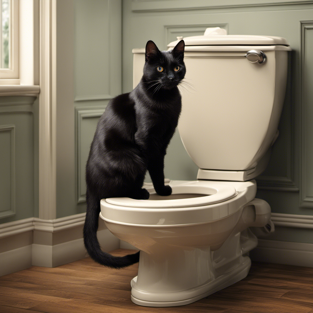 An image showing a domestic scene with a cat sitting on a toilet seat, a step-by-step visual guide illustrating the process of teaching a cat to use the toilet