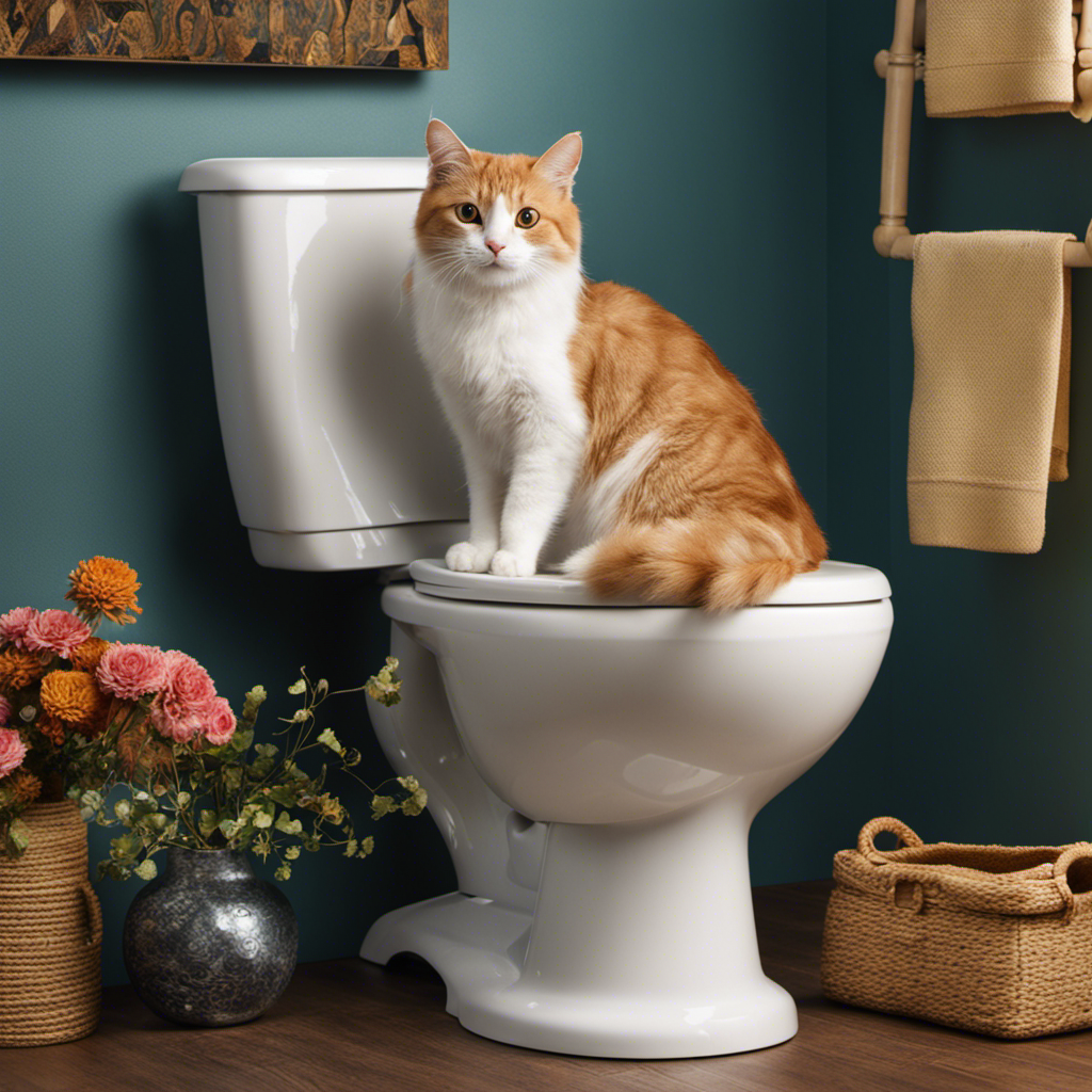 An image showcasing a contented cat perched on a gleaming toilet seat, demonstrating the process of using the toilet, complete with a litter box nearby, encouraging readers to teach their feline companions this hygienic skill