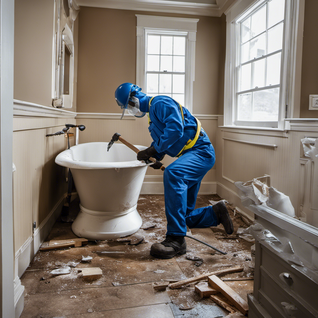 An image showcasing the step-by-step process of tearing out a bathtub: a person wearing protective gear, using a sledgehammer to break tiles, removing plumbing fixtures, and dismantling the tub with a pry bar