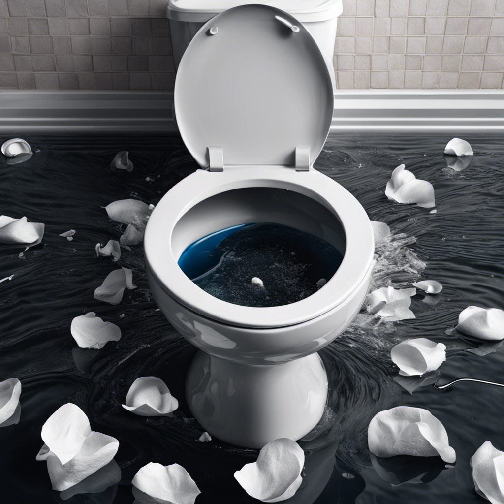 An image depicting a close-up view of a toilet bowl filled with overflowing water, surrounded by scattered tissues, a plunger resting against the side, and a concerned person's hand reaching towards the handle