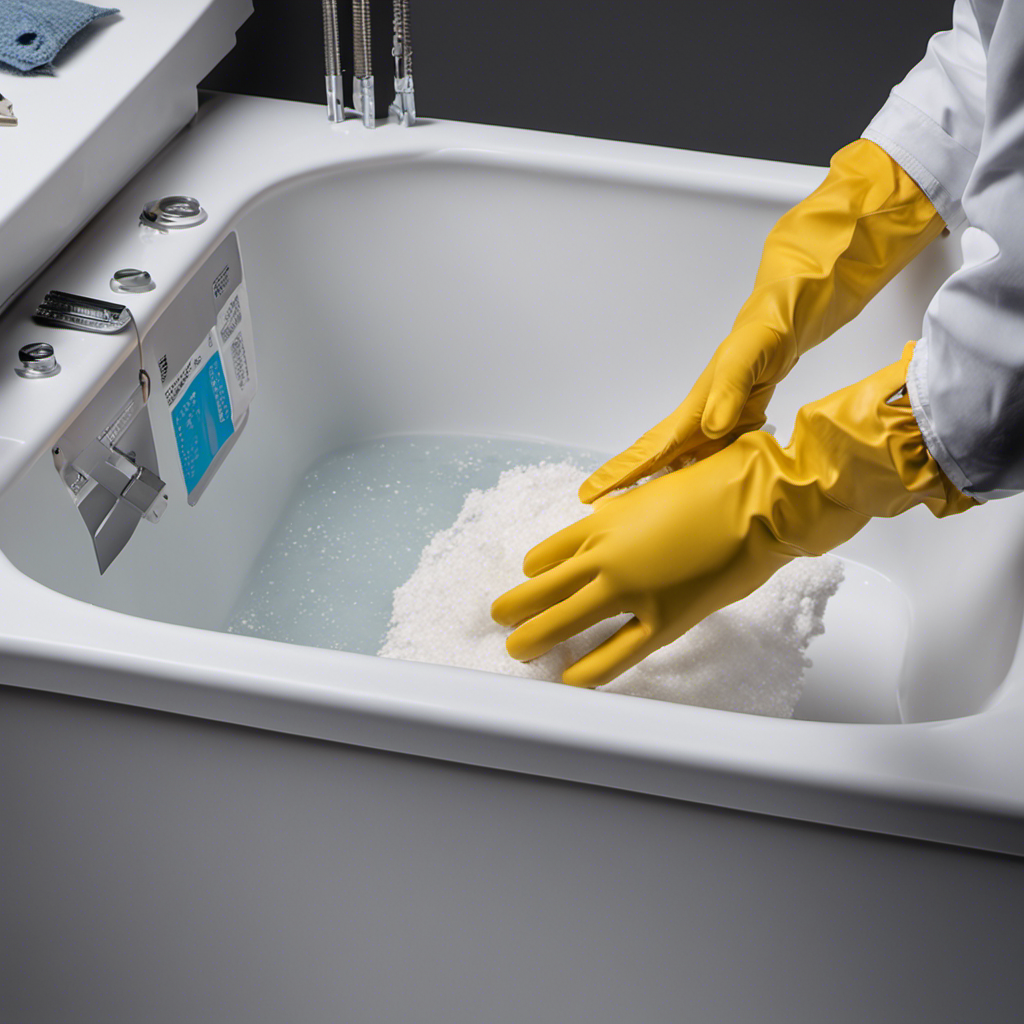 An image depicting a person wearing gloves, using a lead testing kit to scrape the bathtub surface