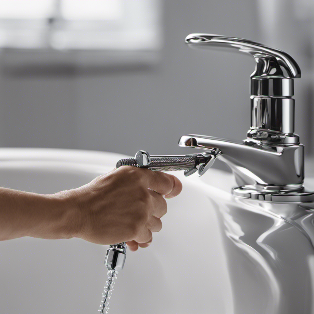 An image showing a close-up view of a person's hand gripping a wrench, firmly turning the metal screw on a bathtub faucet handle