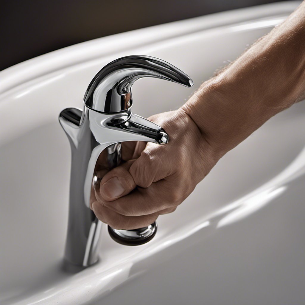 An image showcasing a close-up view of a person holding a wrench, firmly gripping the bathtub faucet handle