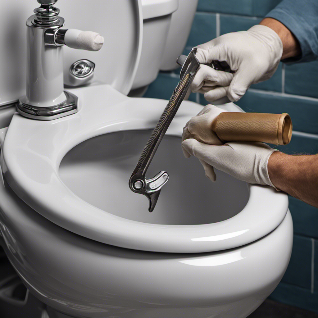 An image showcasing a pair of hands gripping a wrench, firmly turning the bolts on a toilet seat, demonstrating the step-by-step process of tightening it