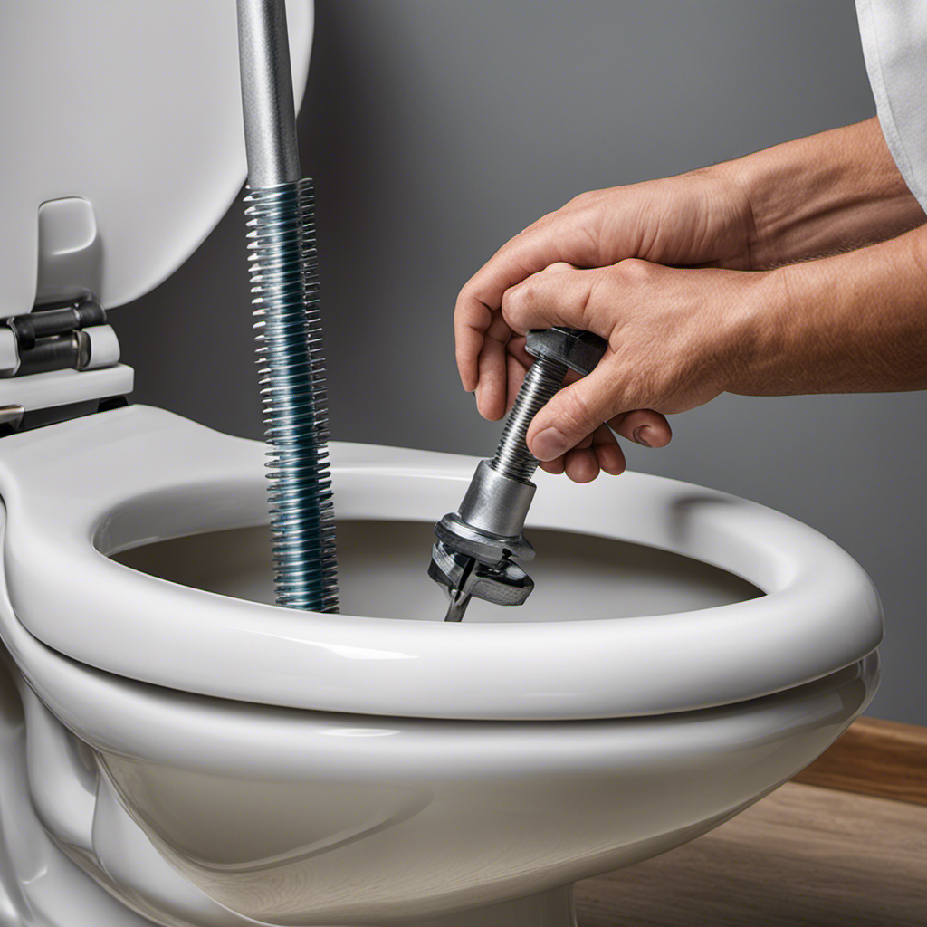 An image showcasing a close-up view of skilled hands using a wrench to meticulously tighten the bolts connecting a toilet to the floor, while providing step-by-step visual instructions for readers to learn how to tighten their own toilets