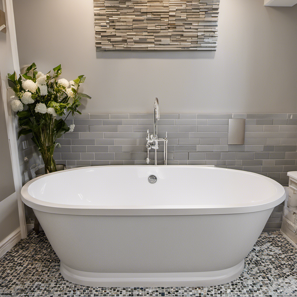 An image showcasing a step-by-step guide on how to tile a bathtub surround: a level surface, adhesive being applied, tiles arranged meticulously, grout being spread, and a finished, beautifully tiled bathtub