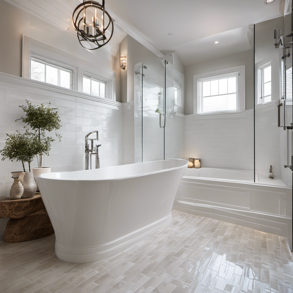 An image showcasing a step-by-step guide to tiling bathtub walls: A clean, white bathtub with meticulously aligned ceramic tiles, adhesive spreader, tile cutter, and grout float, all within reach