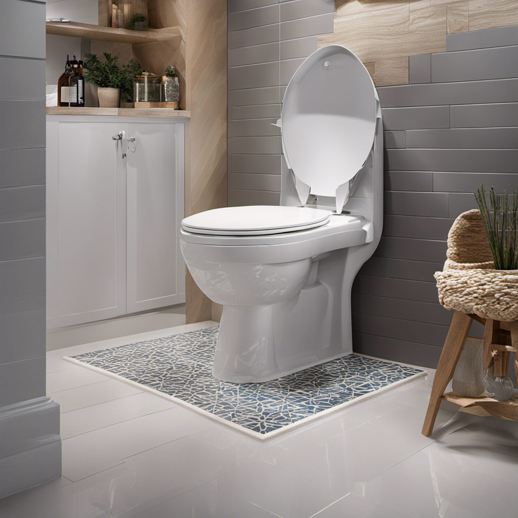 An image showcasing a step-by-step visual guide on how to tile a toilet: starting with the preparation of the surface, applying adhesive, carefully placing each tile, grouting, and finishing with a polished, perfectly tiled toilet