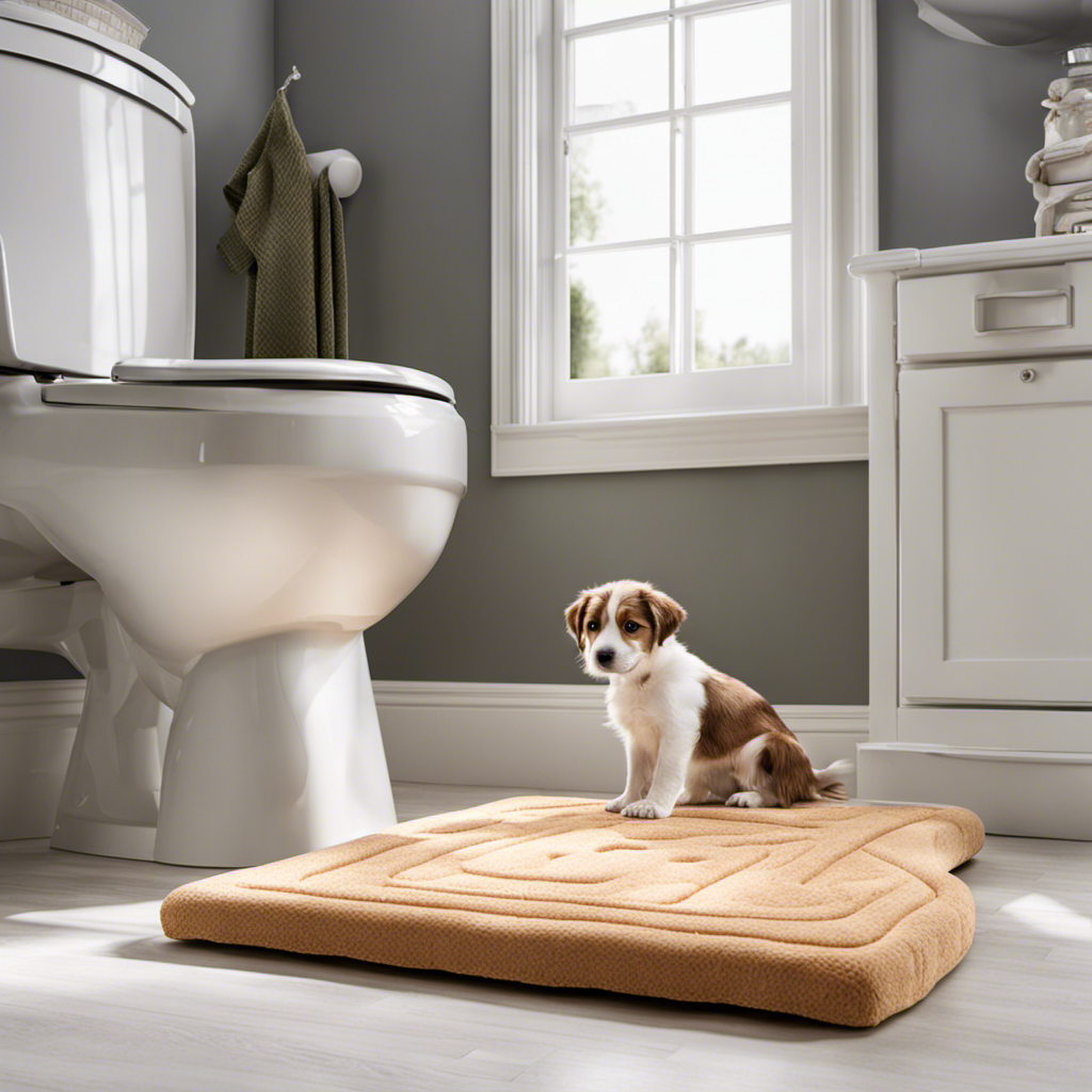 An image showcasing a cheerful, spacious bathroom with a puppy-sized toilet seat on the floor, surrounded by training pads