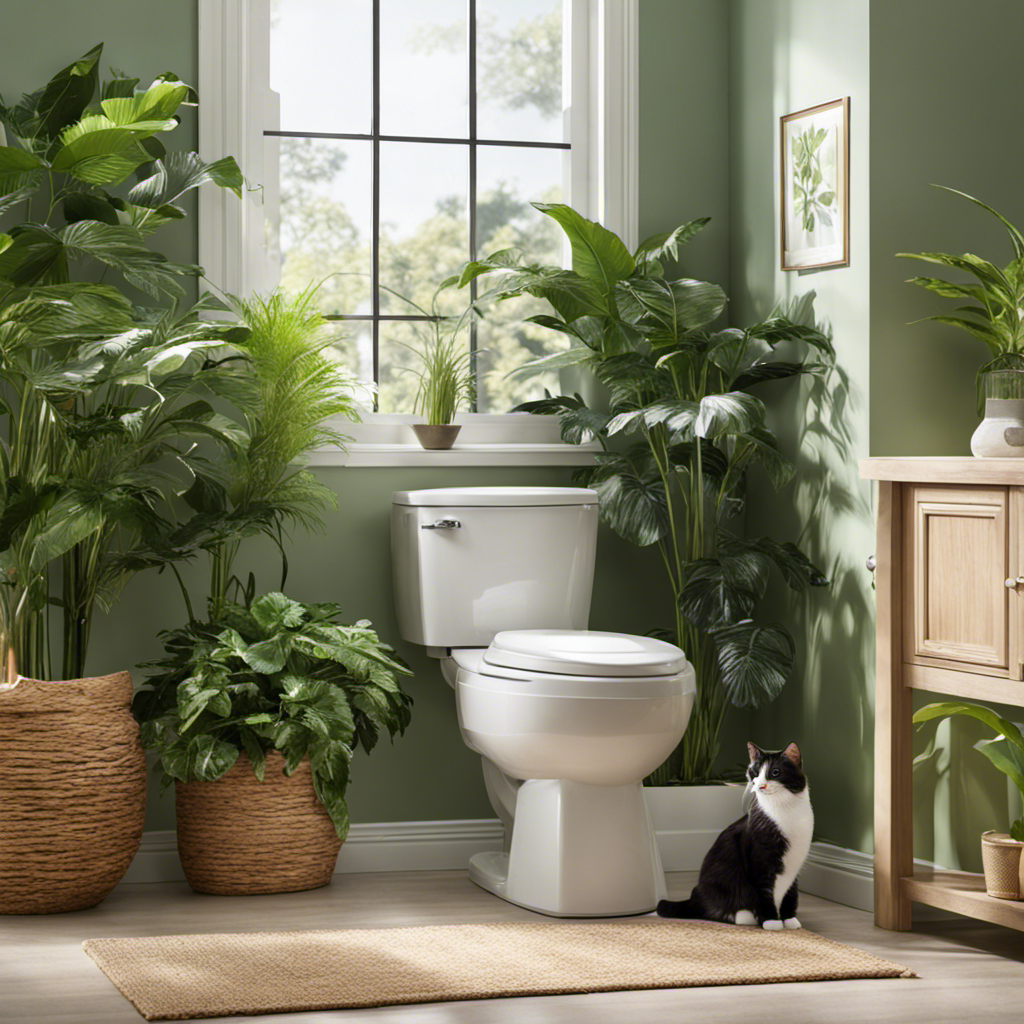 An image that showcases a serene bathroom setting, featuring a litter box with a removable seat, surrounded by lush green plants