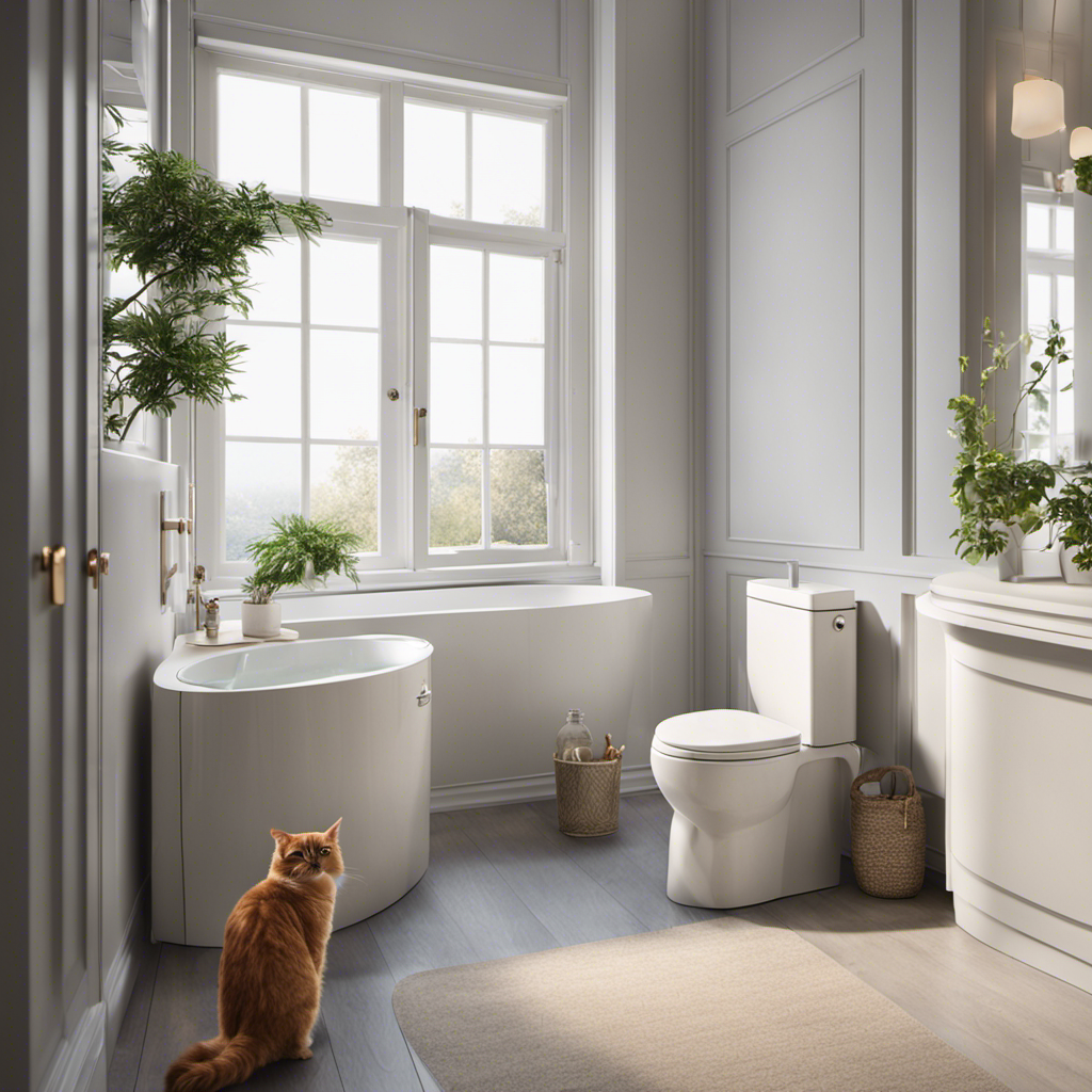 An image showcasing a serene bathroom setting with a litter box gradually transitioning into a sleek toilet, accompanied by a patient cat confidently using the toilet seat, emphasizing the simplicity and effectiveness of toilet training