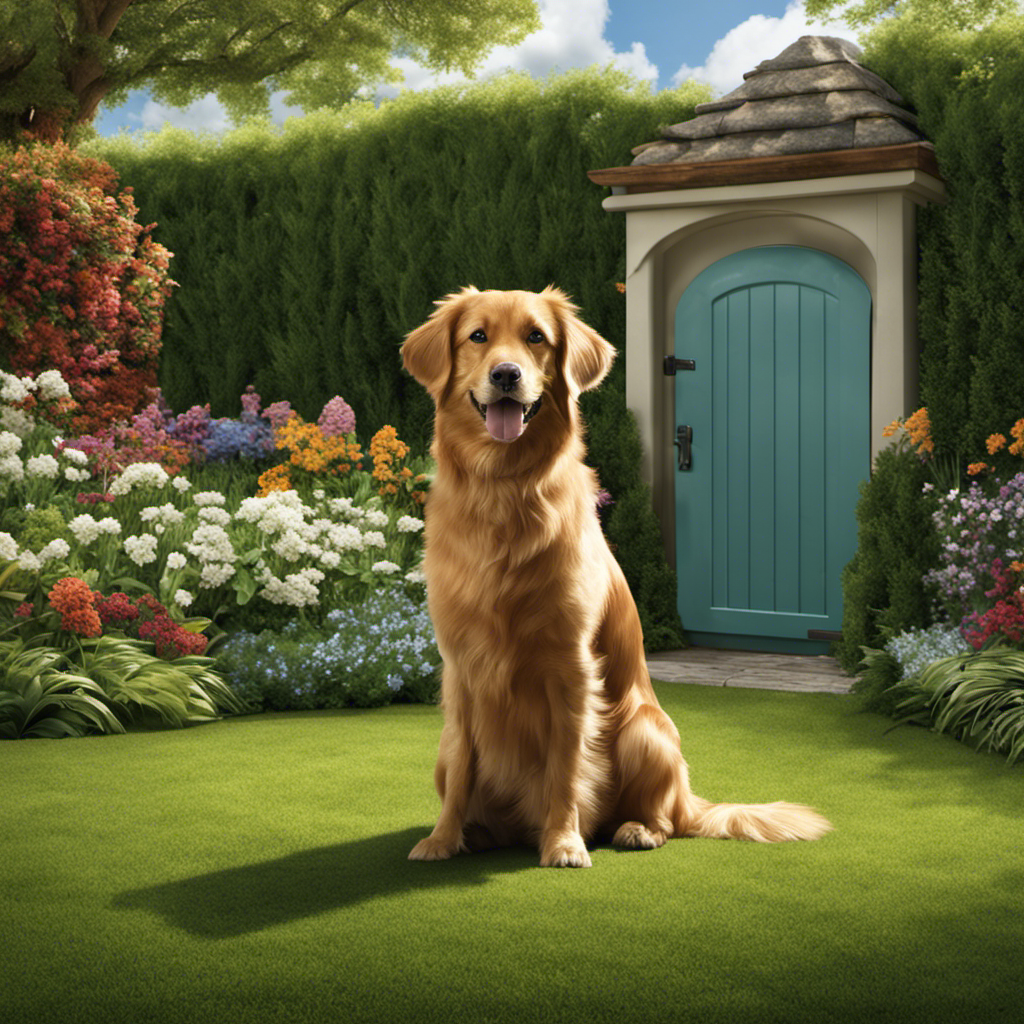An image capturing a serene backyard scene with a dog sitting beside a designated potty area, equipped with grass or training pads, as their owner gently guides them towards it with a rewarding smile
