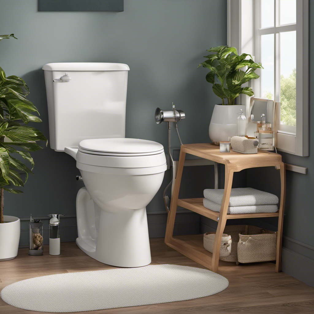 An image showcasing a serene bathroom scene: a content cat perched on a toilet seat with a step-up attachment, a litter box in the corner, and subtle visual cues illustrating the training process