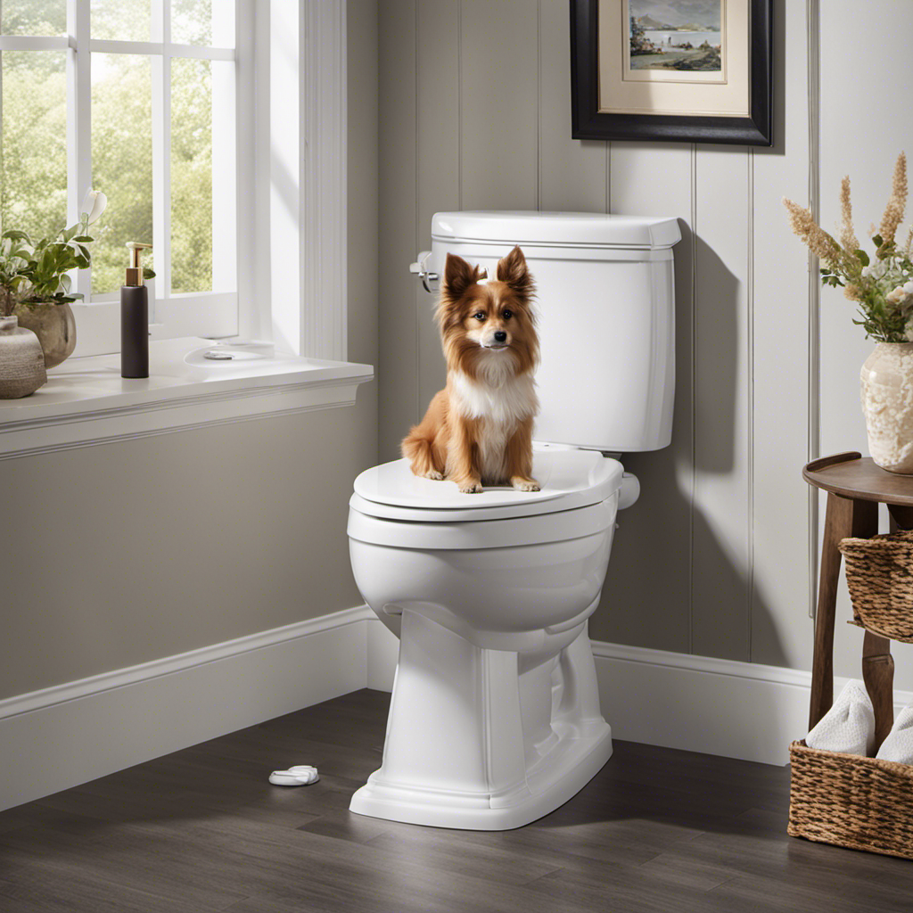 An image showing a serene bathroom setting with a dog effortlessly using a specially designed toilet, showcasing step-by-step training progress