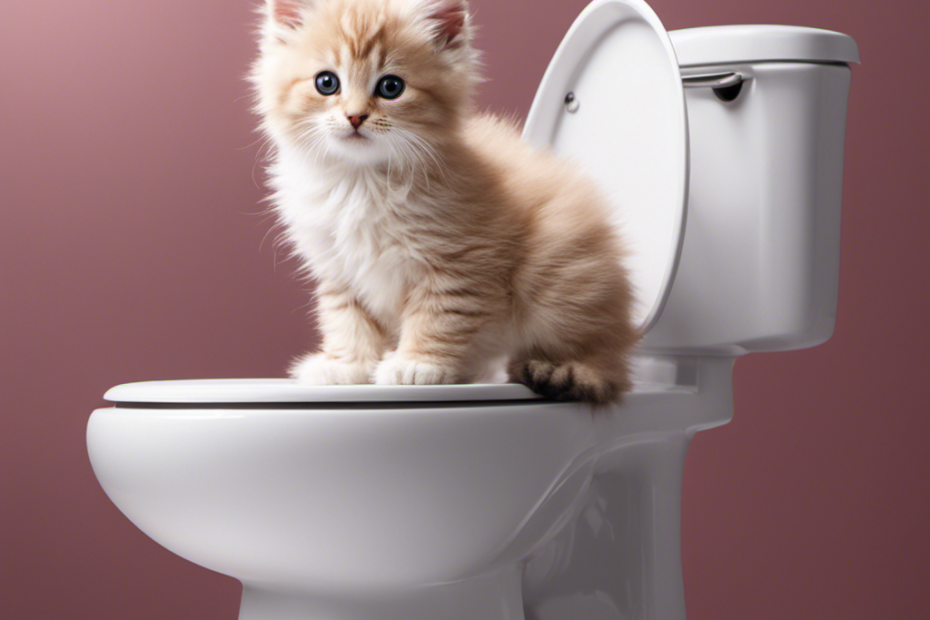 An image capturing a fluffy kitten perched on a training seat with its tiny paws confidently balancing on the edge, facing a sparkling clean toilet bowl, showcasing the step-by-step process of training a kitten to use the toilet