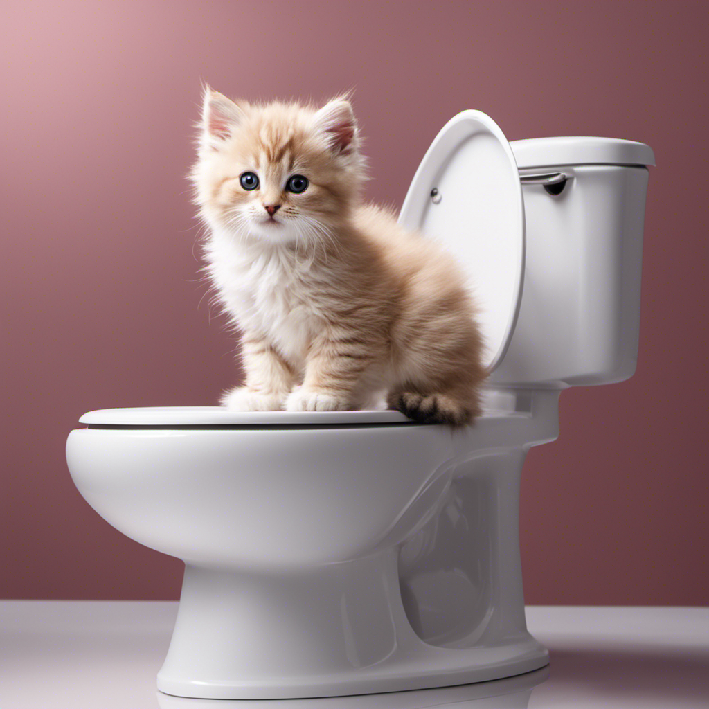 An image capturing a fluffy kitten perched on a training seat with its tiny paws confidently balancing on the edge, facing a sparkling clean toilet bowl, showcasing the step-by-step process of training a kitten to use the toilet