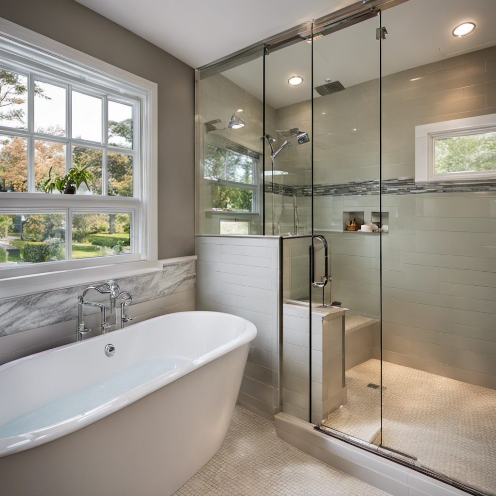 An image showcasing the transformation of a bathtub into a shower: a sleek, glass-enclosed shower stall with modern fixtures, tiled walls, a rain showerhead, and a built-in bench for added comfort