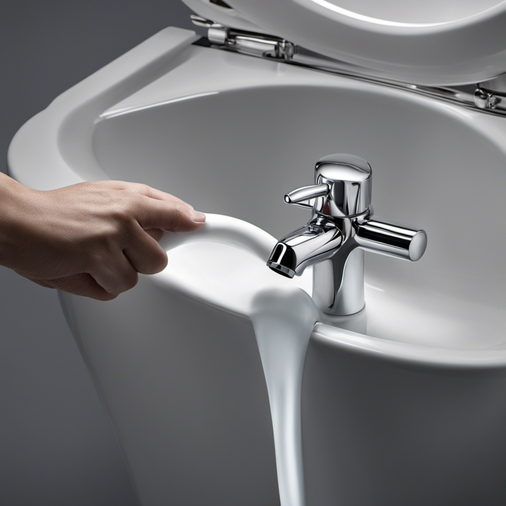 An image showcasing a person's hand reaching behind the toilet tank, firmly grasping the water supply line near the connection point, and gently turning it clockwise to demonstrate how to turn off the toilet water supply without using a valve