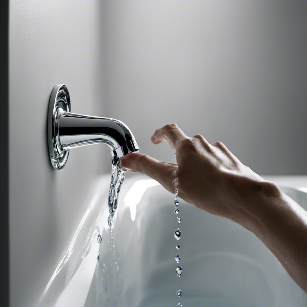 An image that shows a close-up of a hand reaching towards a chrome lever on a bathtub wall, gripping it firmly to turn it counterclockwise, with water droplets suspended mid-air, capturing the precise moment of shutting off the water flow