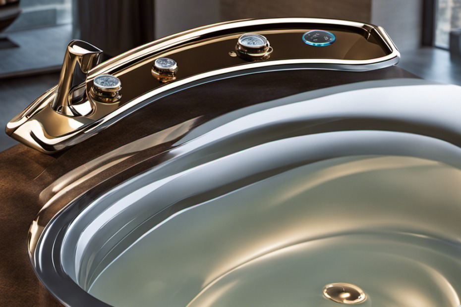 An image depicting a hand reaching towards a sleek control panel on the side of a luxurious Jacuzzi bathtub