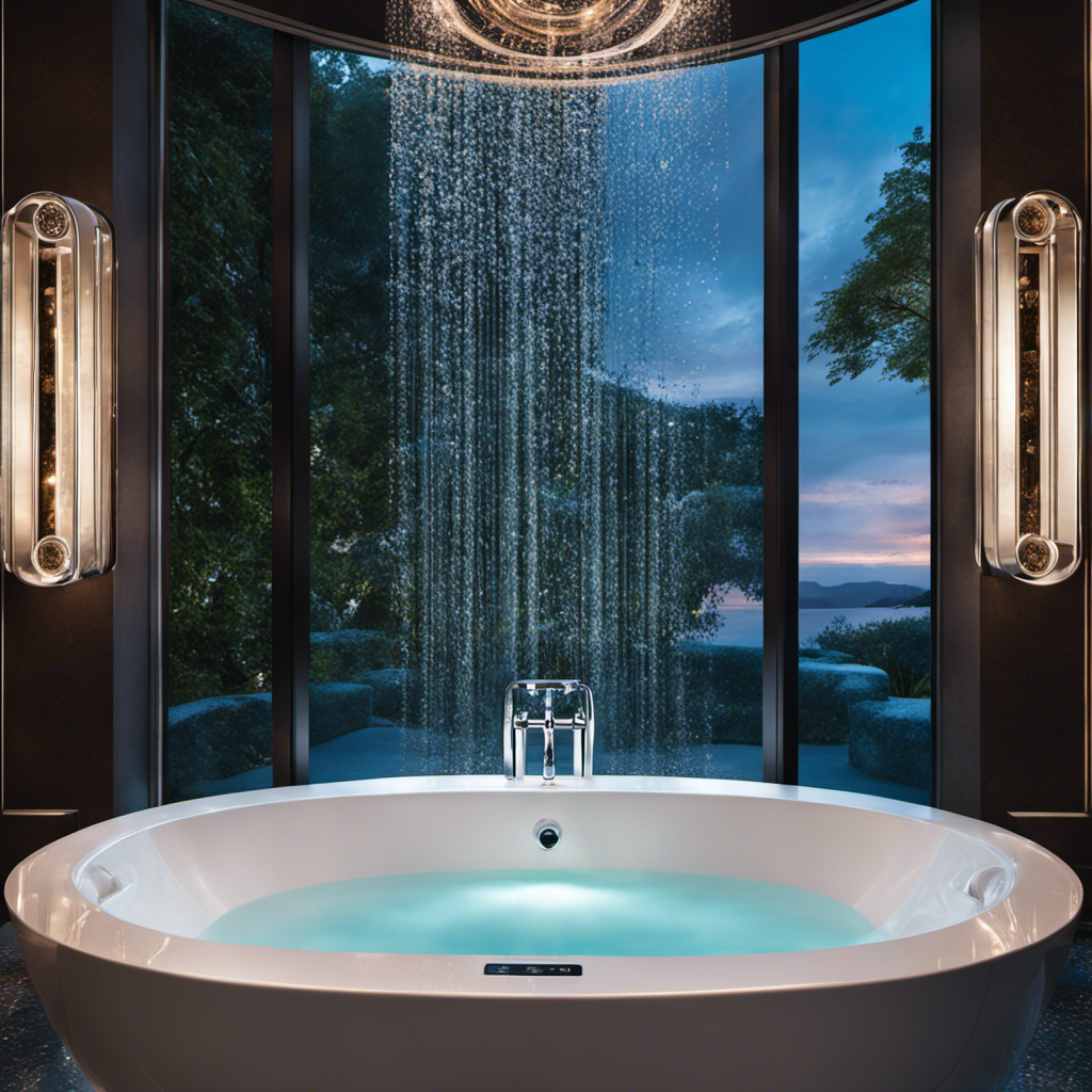 An image showcasing a hand reaching towards a sleek, chrome control panel mounted on a luxurious bathtub rim