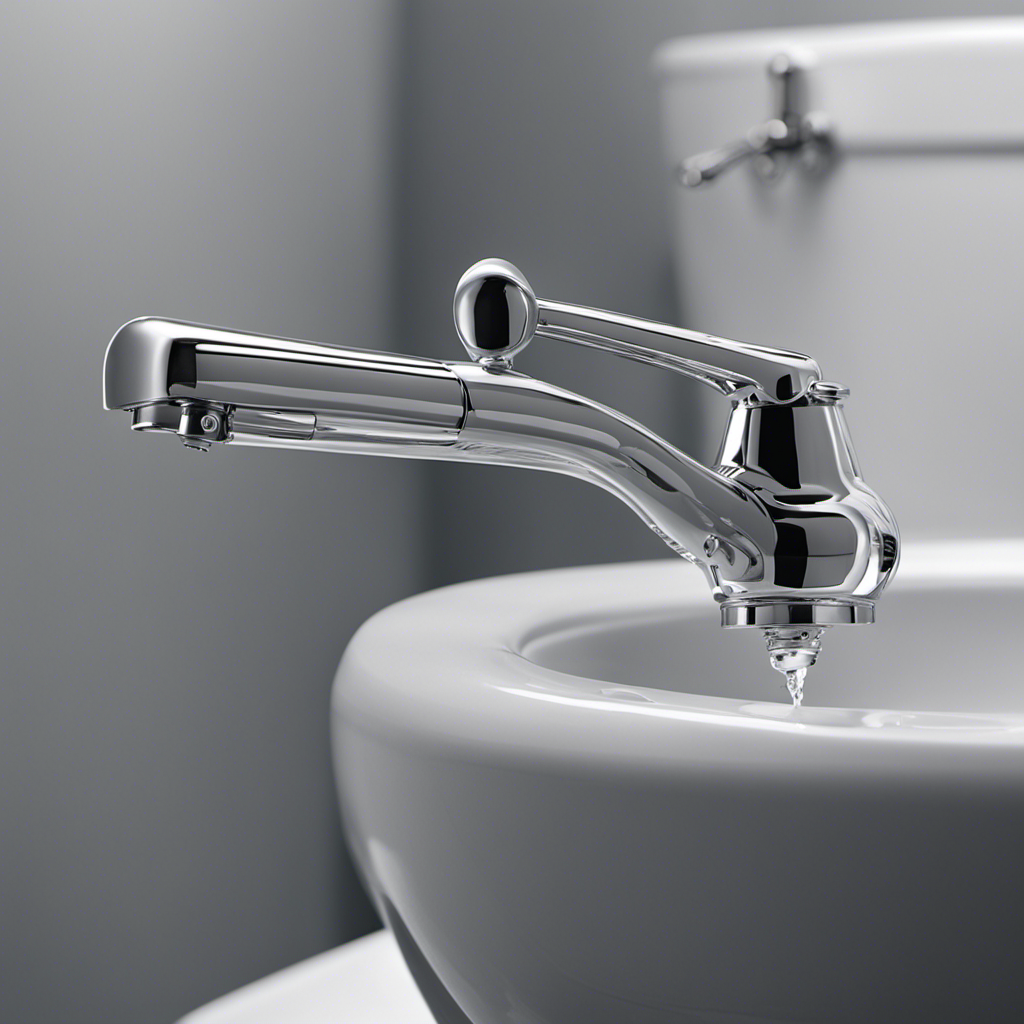 An image capturing a close-up shot of a hand grasping the silver shut-off valve lever located behind the toilet tank, with water droplets visible, portraying step-by-step instructions on how to turn off the water supply to a toilet