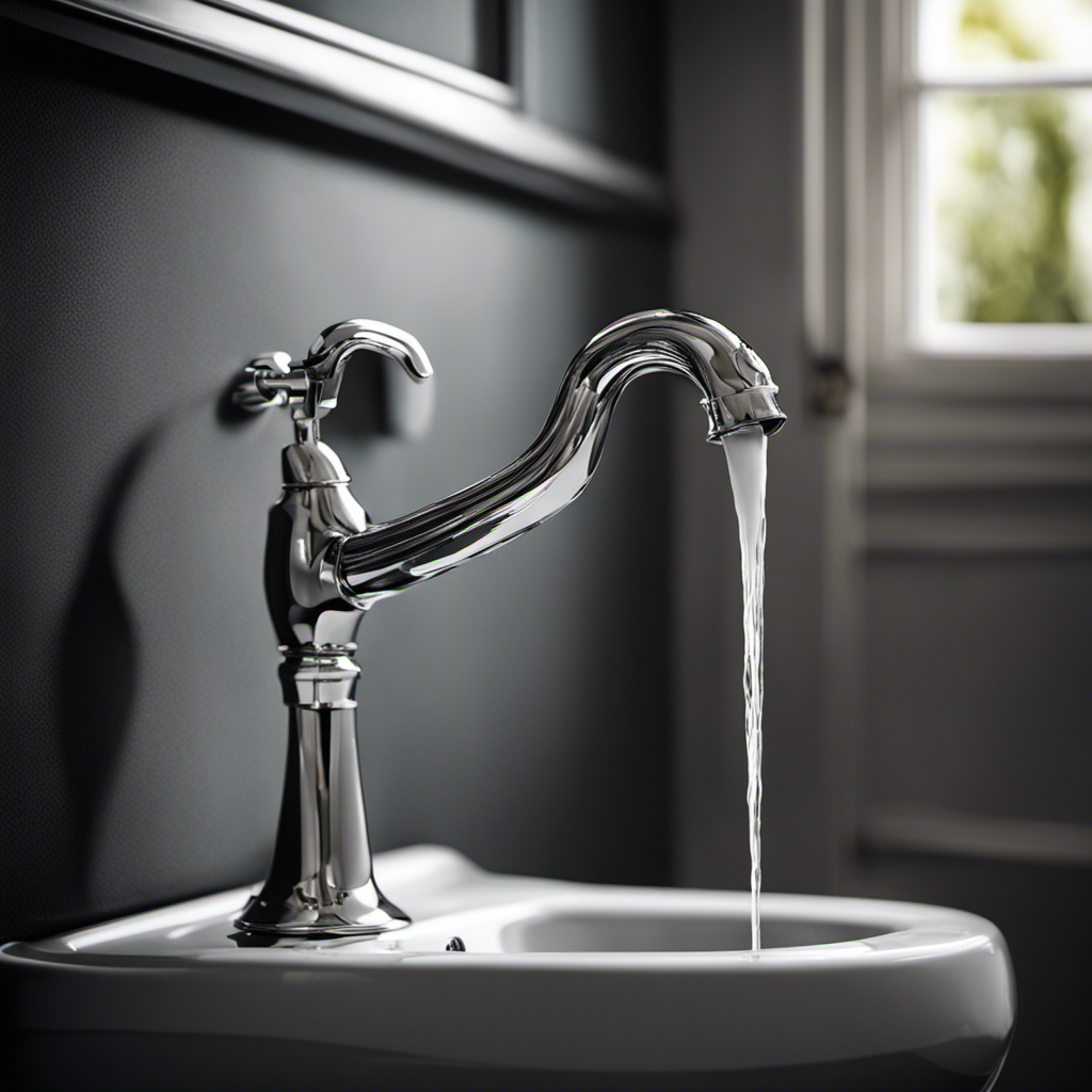 An image capturing a close-up view of a hand reaching towards a silver lever on a toilet tank, fingers gripping the lever firmly, poised to turn it counterclockwise to shut off the water supply