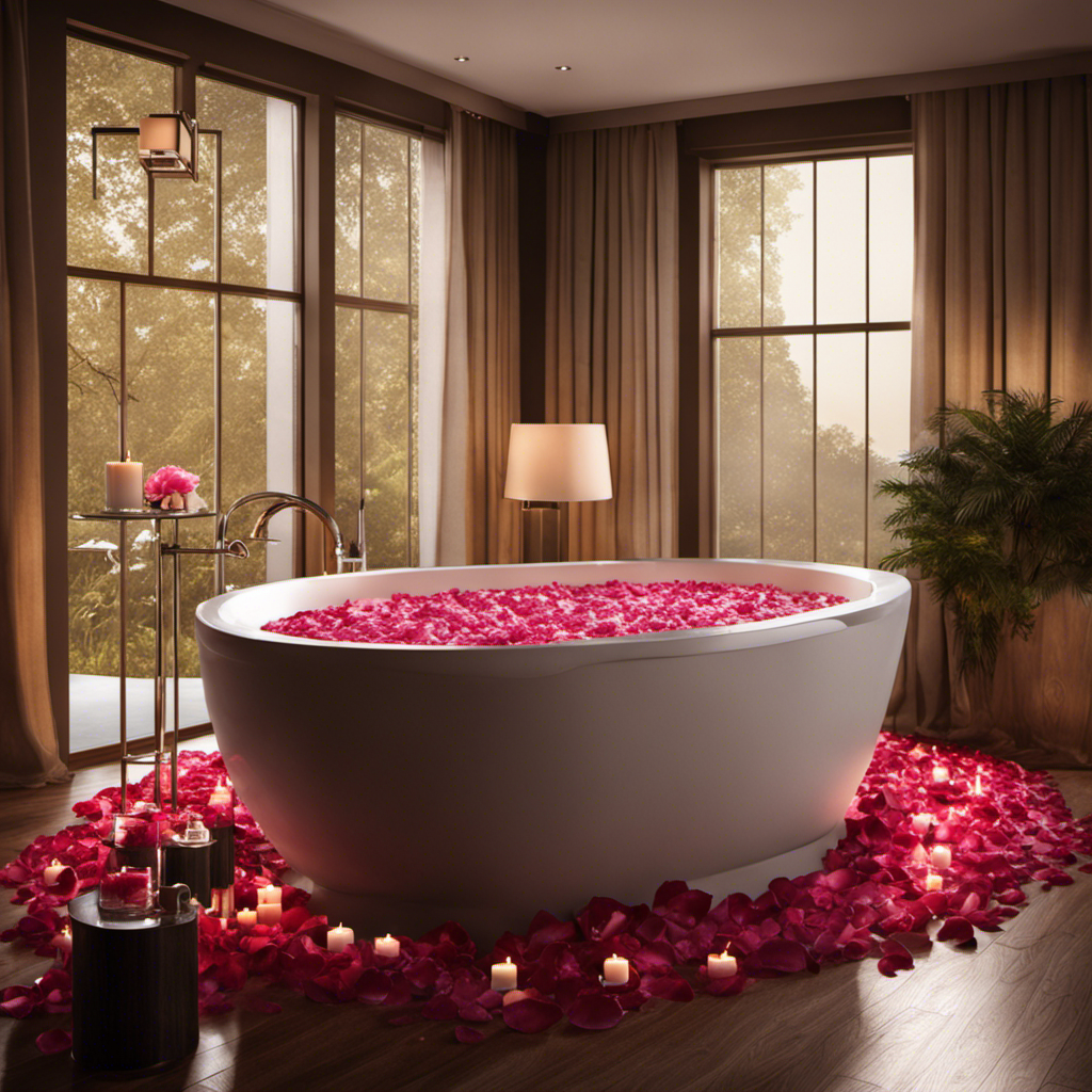 An image that showcases a luxurious bathroom scene, with a bathtub transformed into a bubbling hot tub