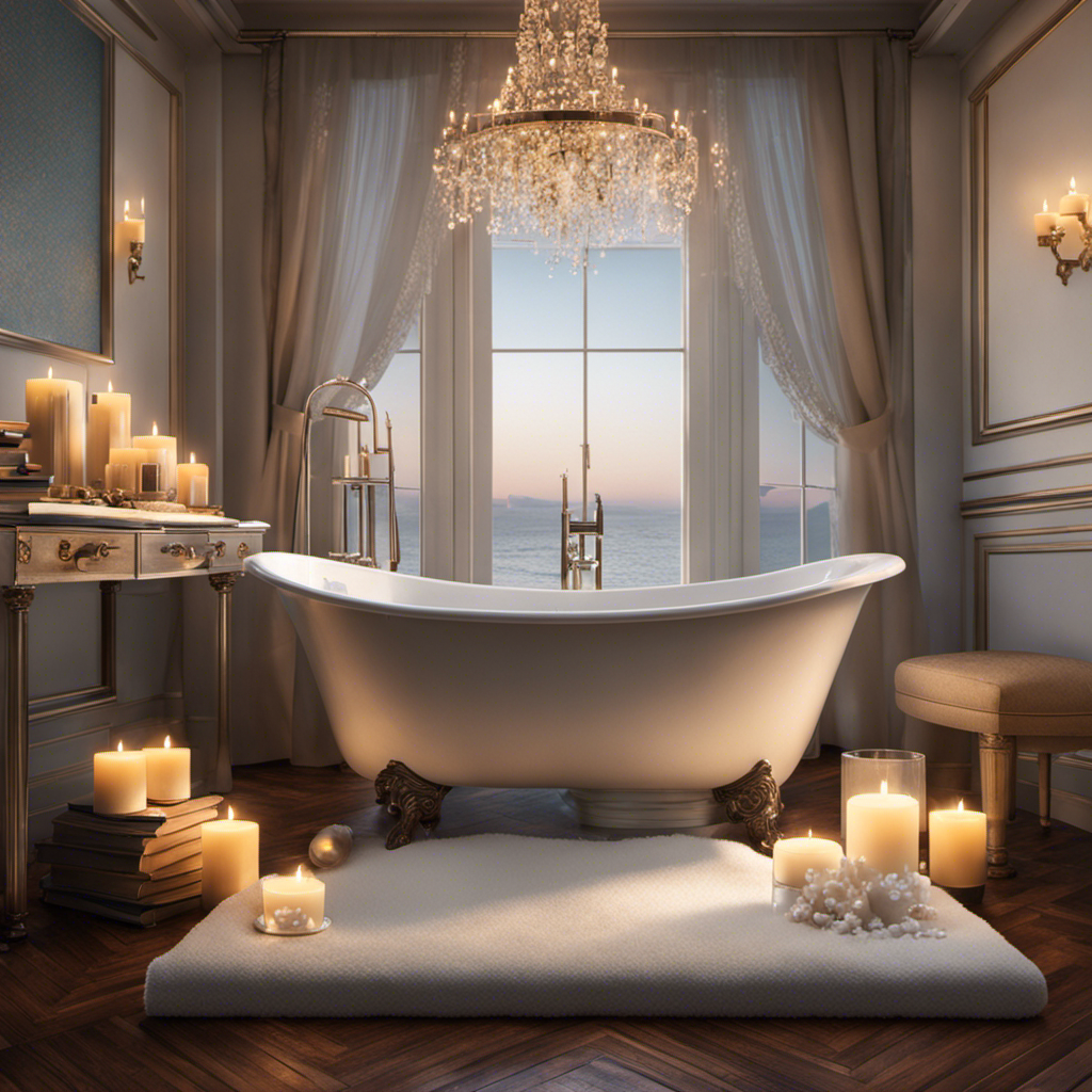 An image showcasing a serene bathroom scene: a sparkling clean bathtub filled with frothy bubbles, surrounded by flickering candles, plush towels, and a tray holding a glass of champagne, bath salts, and a book