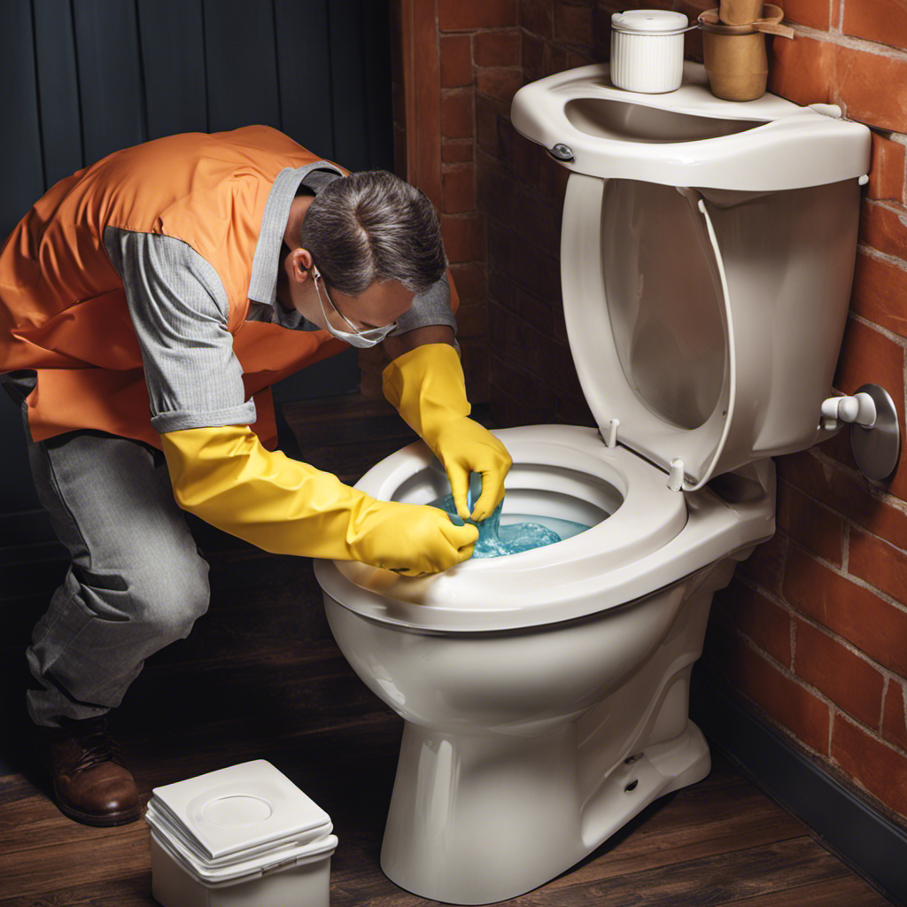 An image showcasing a person wearing rubber gloves, holding a bucket of warm water, gently pouring it into a clogged toilet while illustrating the step-by-step process of unblocking it without a plunger
