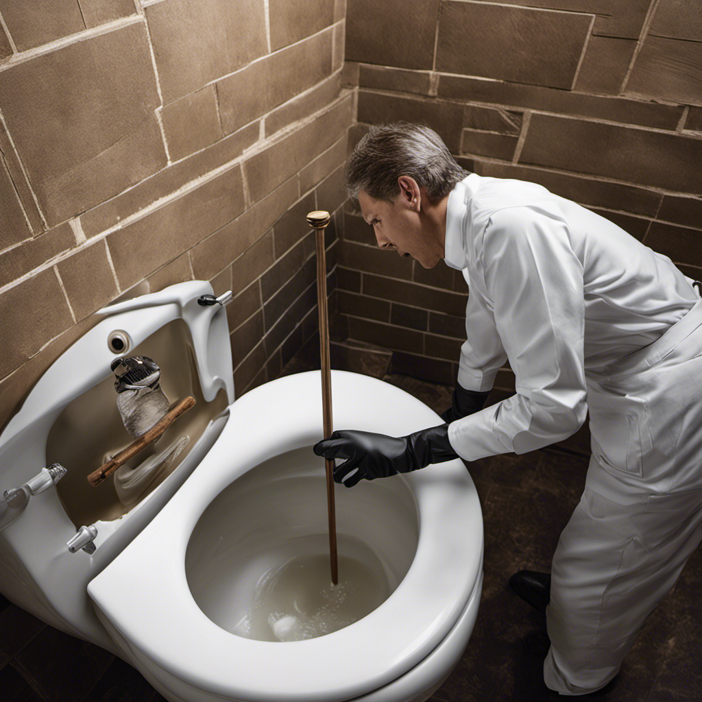 An image showing a person wearing gloves, using a plunger to unclog a toilet