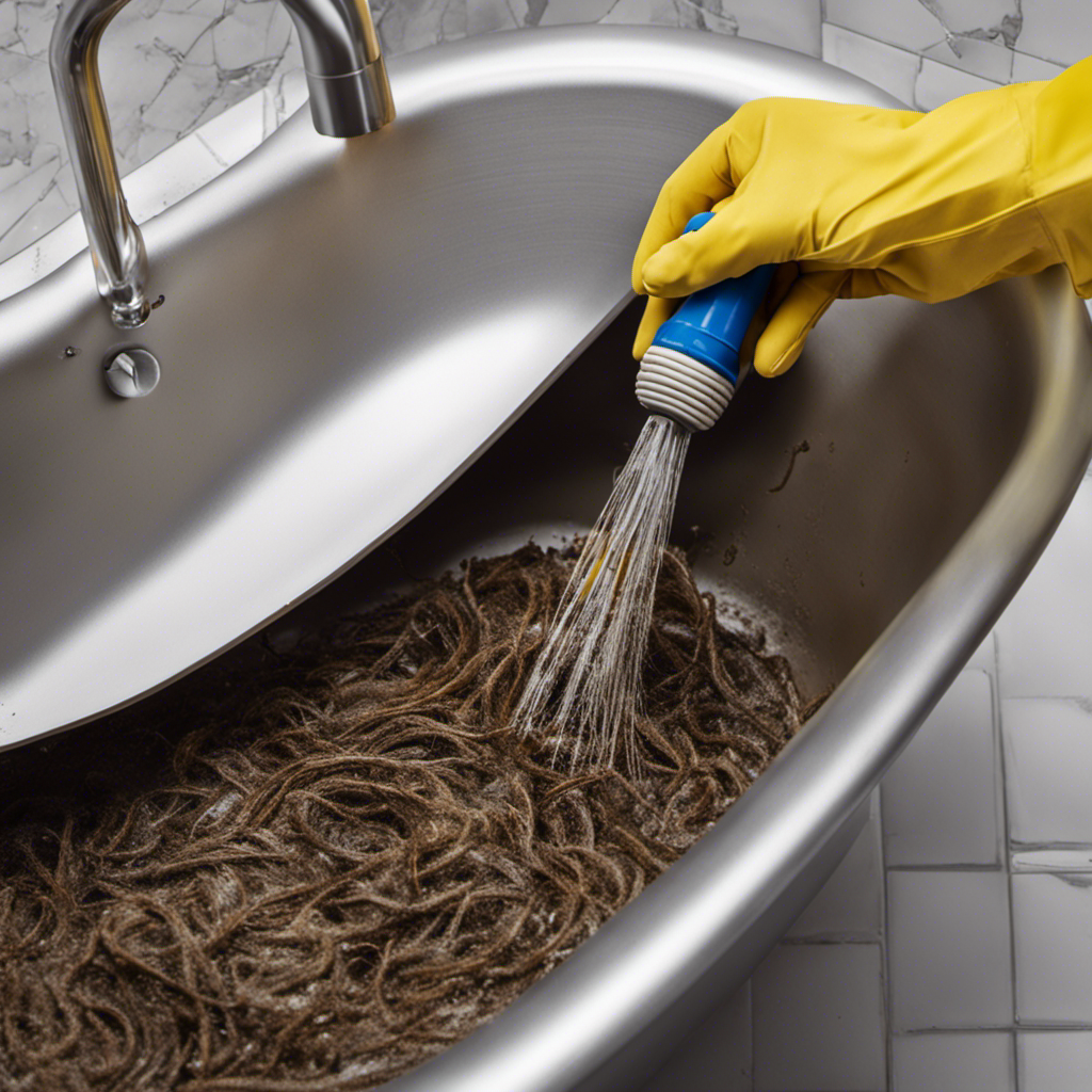 An image showcasing a close-up view of a clogged bathtub drain with hair and debris, while a hand clad in rubber gloves uses a plunger to unclog it