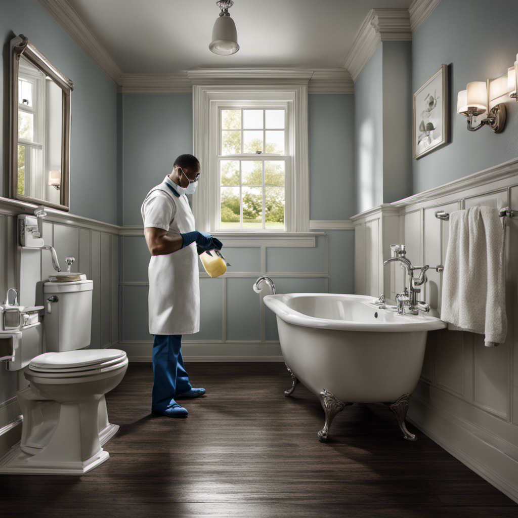 An image illustrating a person wearing rubber gloves, holding a plunger, while standing in a bathroom with a clogged toilet