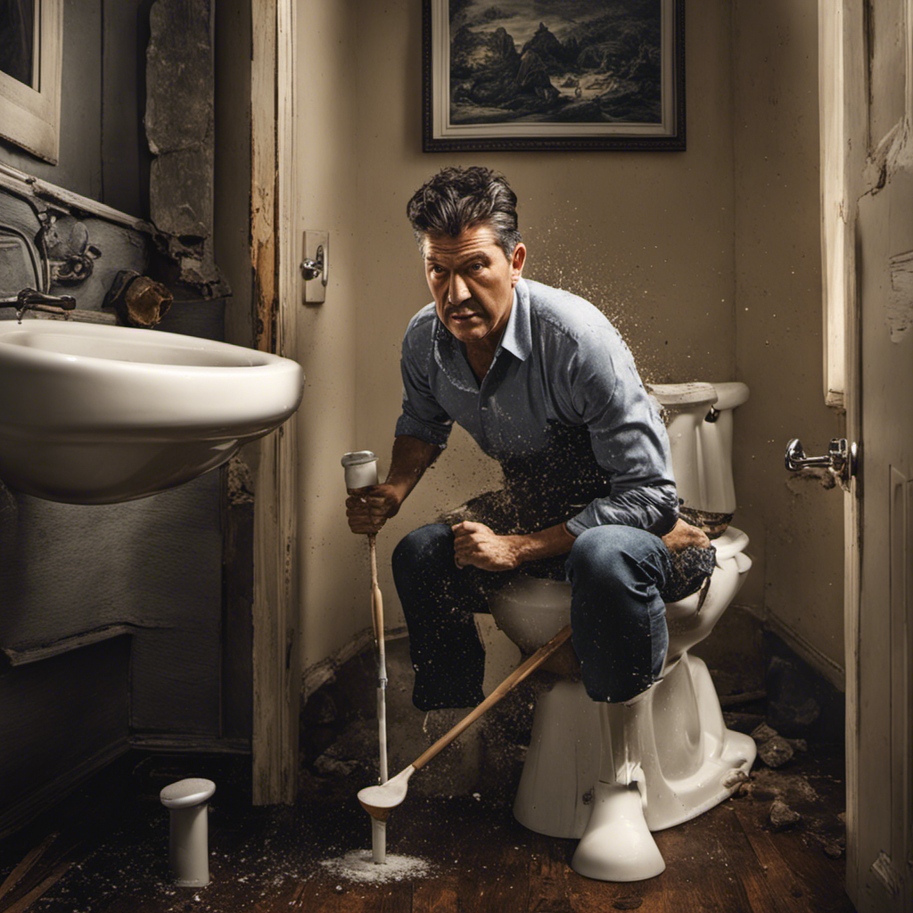 An image that showcases a person using a plunger to vigorously unclog a severely blocked toilet