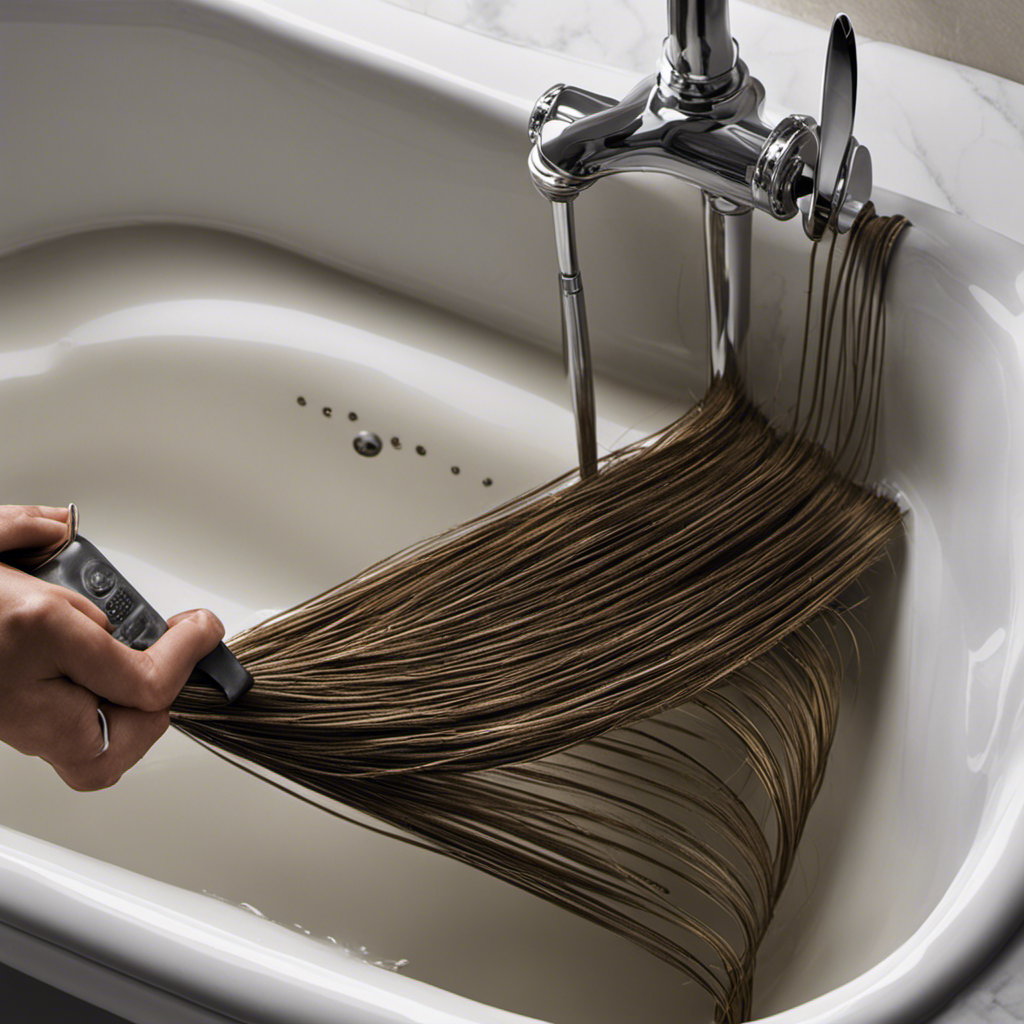 An image showcasing a close-up view of a bathtub drain, filled with tangled strands of hair