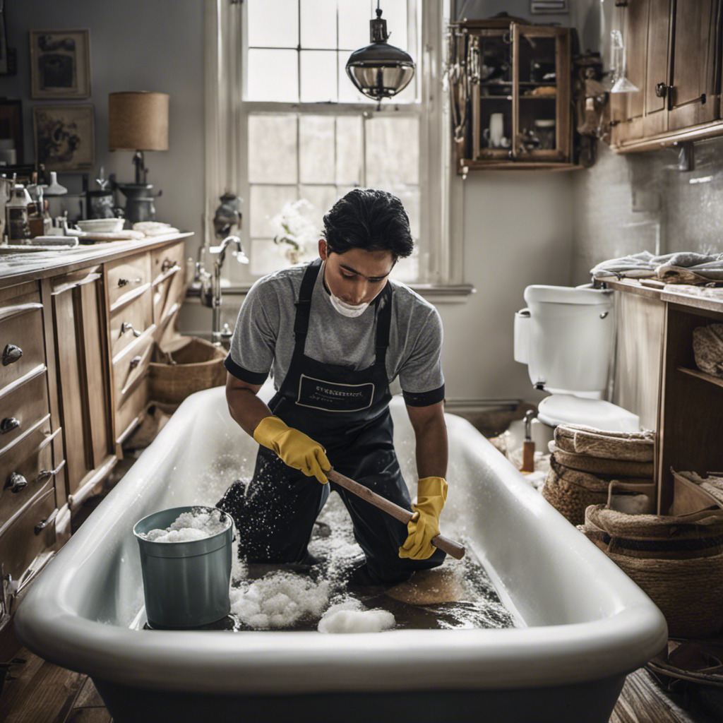 An image of a person wearing rubber gloves, kneeling next to a bathtub filled with standing water