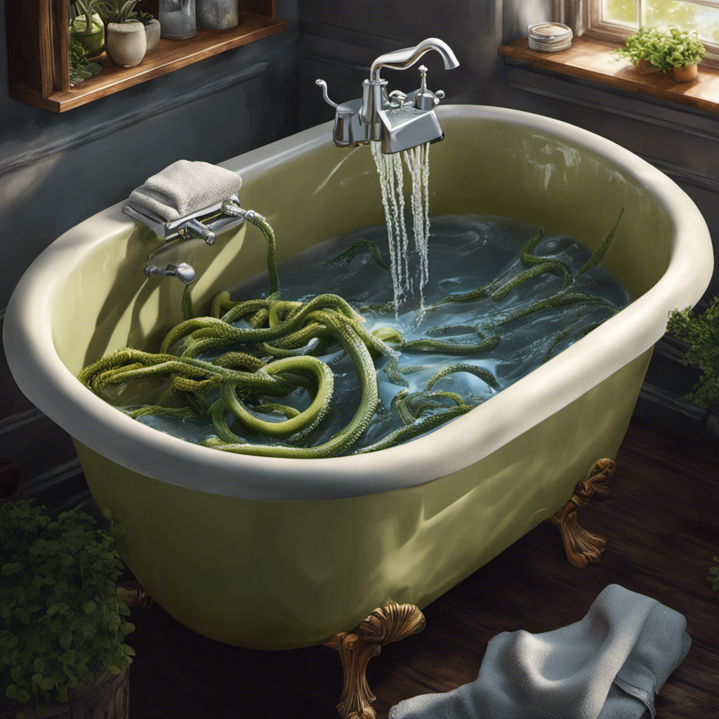 An image depicting a pair of gloved hands removing clumps of hair tangled around a slimy, clogged bathtub drain