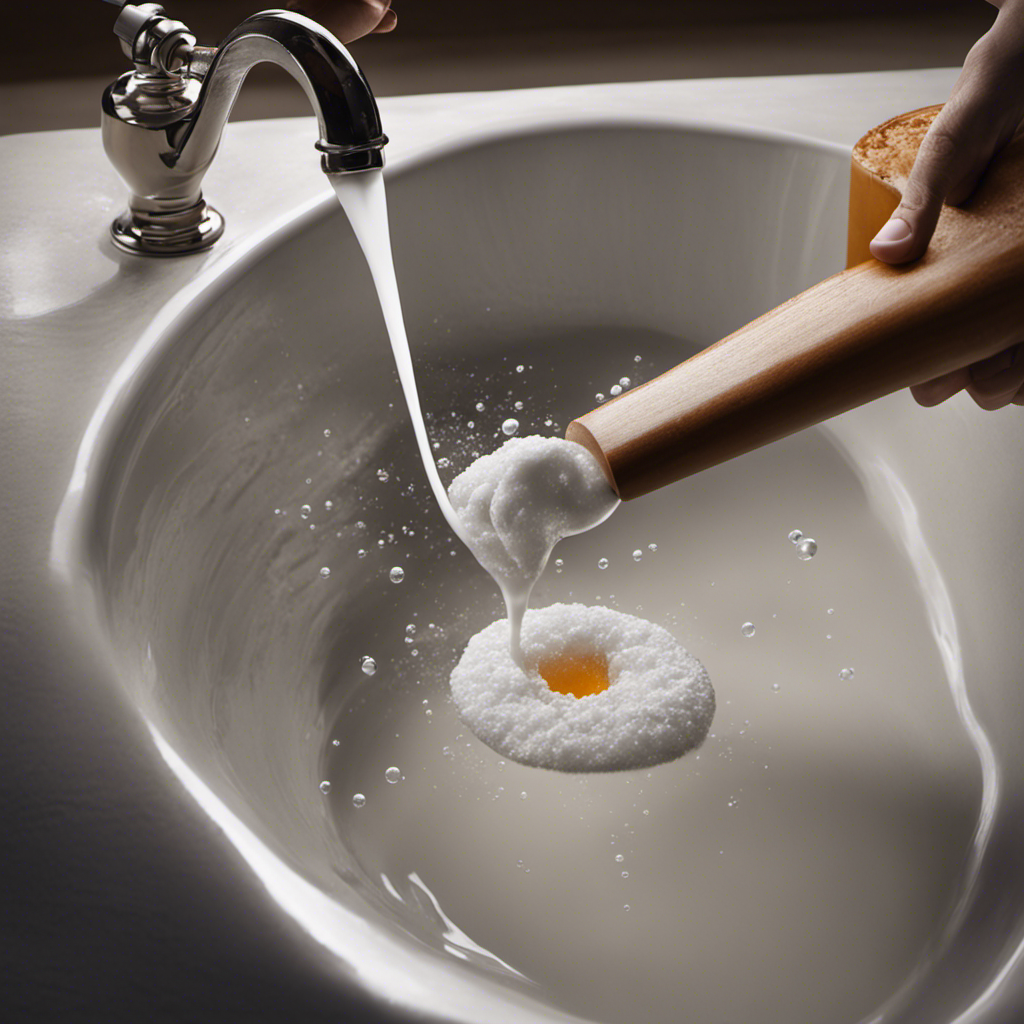 An image of a clogged bathtub drain being unclogged with baking soda: a hand pouring a cup of baking soda into the drain, followed by fizzing bubbles and a clear, flowing stream of water