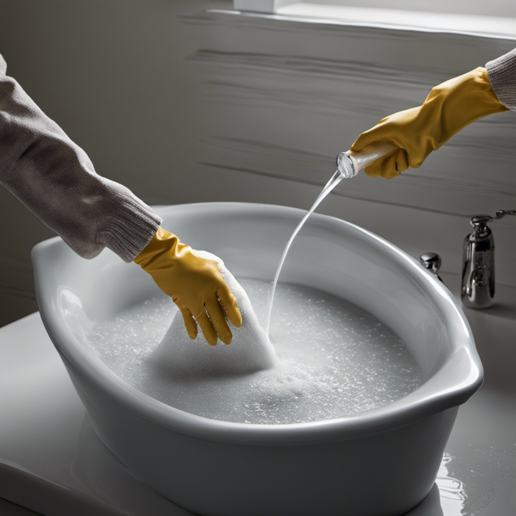 An image showcasing a pair of gloved hands pouring a mixture of baking soda and vinegar down a clogged bathtub drain
