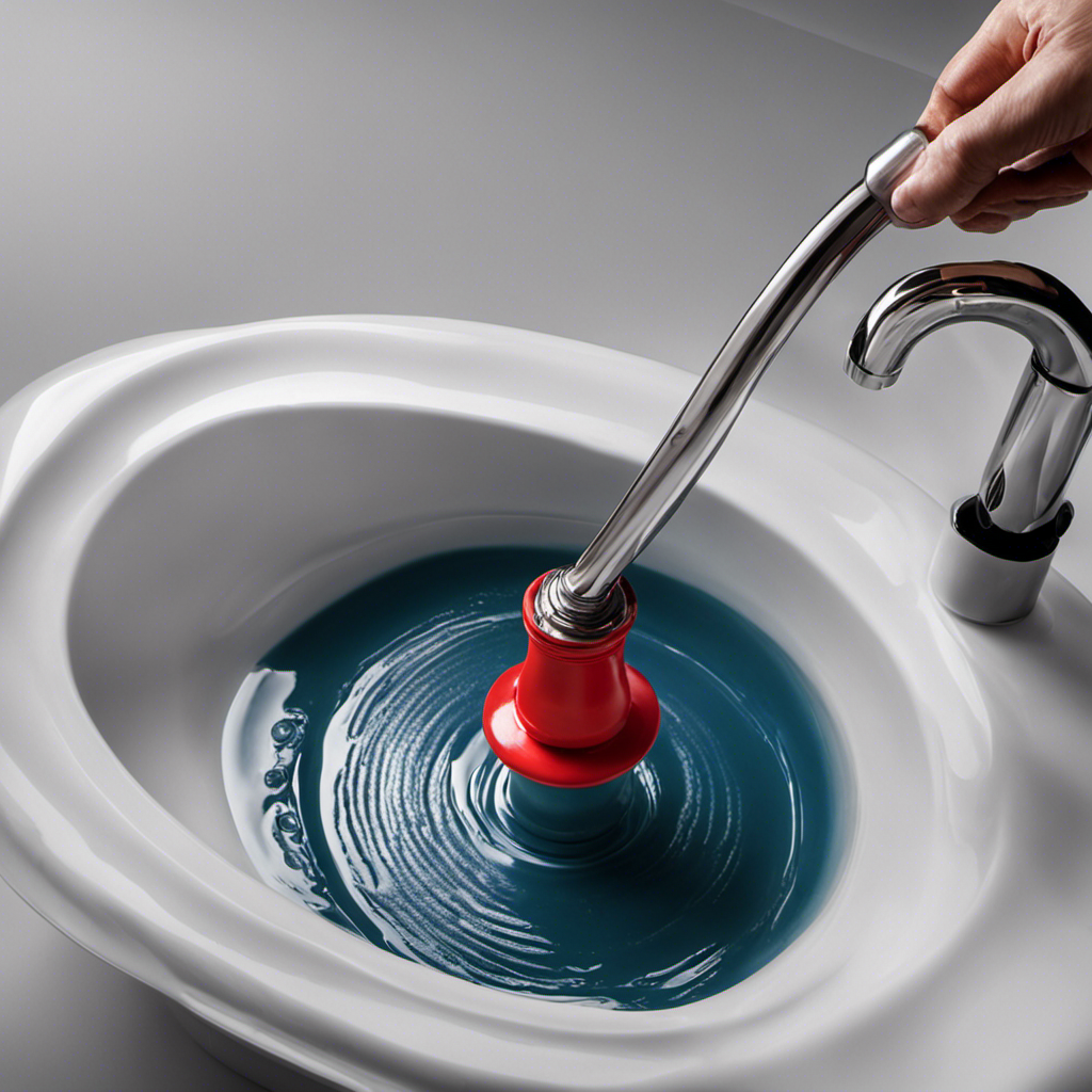 An image showcasing a hand gripping a plunger firmly, submerged in a bathtub filled with standing water