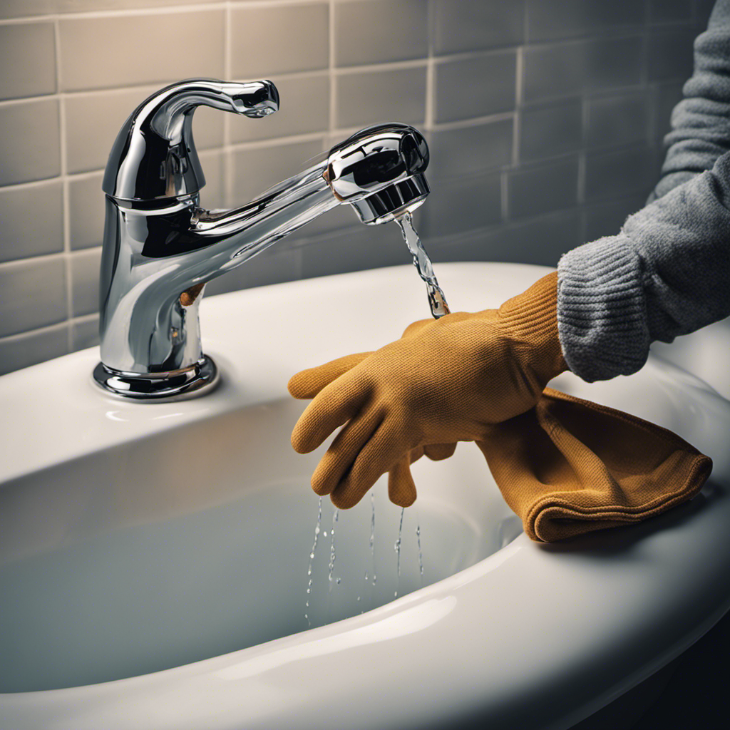 An image showcasing a pair of gloved hands using a plunger to forcefully push down on a clogged bathtub drain