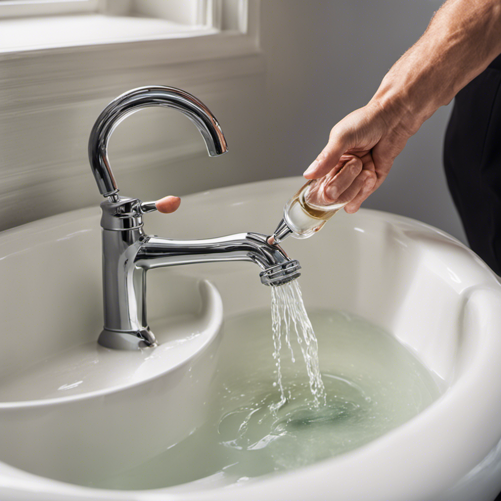 An image showcasing a step-by-step guide to unclog a bathtub drain using vinegar: a person pouring vinegar down the drain, fizzing action occurring, followed by clear water flowing freely through the drain