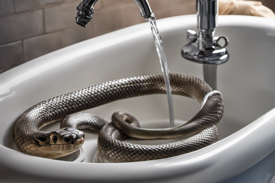 An image showcasing a pair of gloved hands, holding a long, flexible plumbing snake