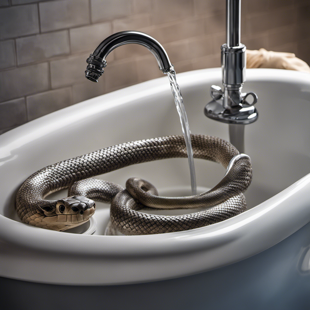 An image showcasing a pair of gloved hands, holding a long, flexible plumbing snake