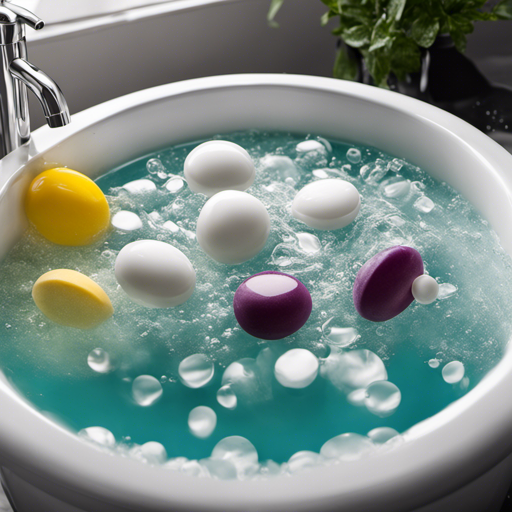 An image showcasing a clogged bathtub being effortlessly unclogged using baking soda and vinegar