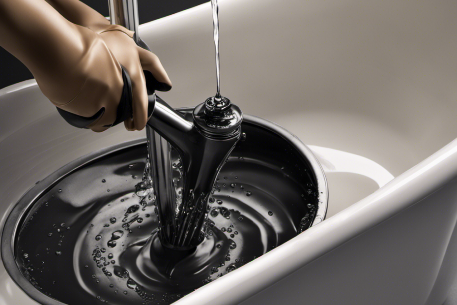 An image showcasing a pair of gloved hands using a plunger to forcefully push down on a clogged bathtub drain filled with standing water